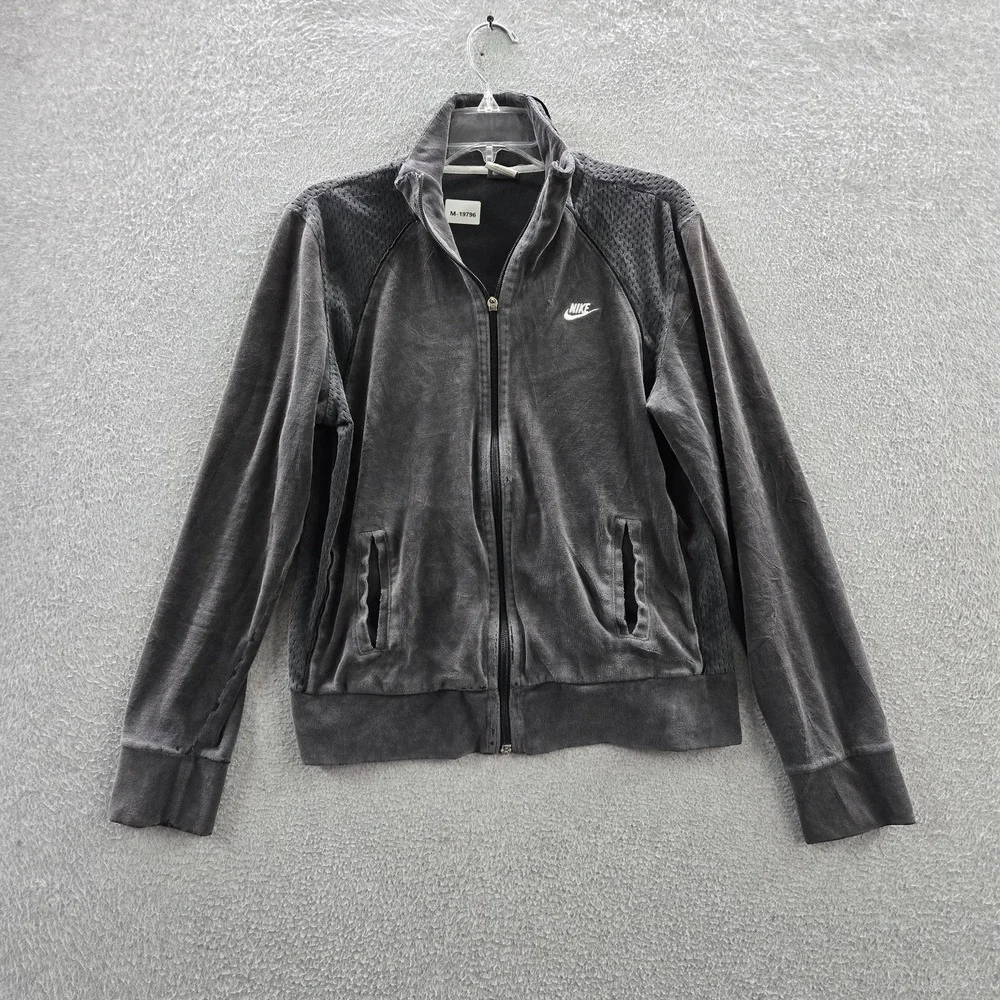 VINTAGE Nike Women Jacket L (12-14) Gray Y2K Embroidered Logo Zipper Velour READ